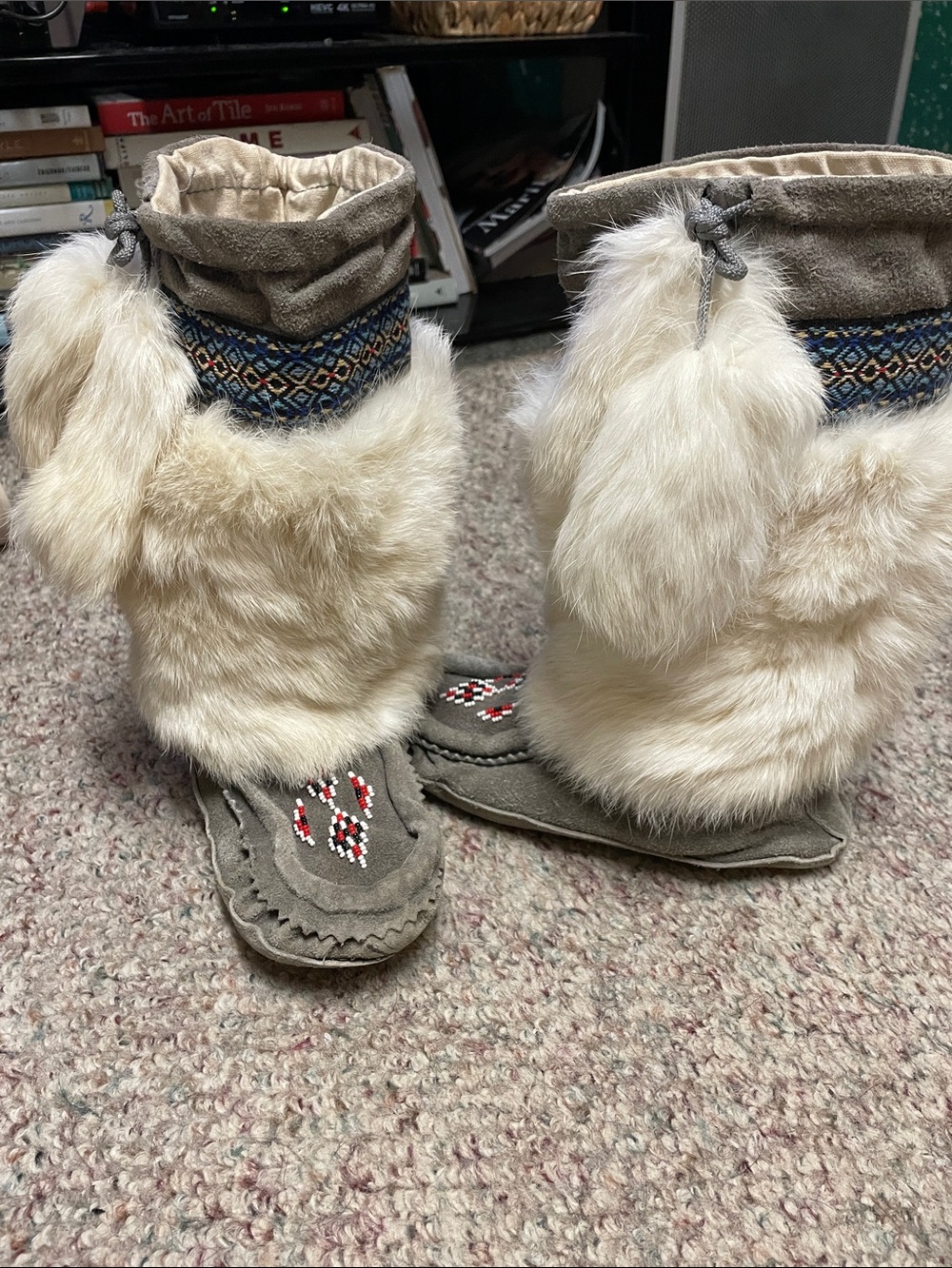 Vintage handmade Grey Suede leather real Fur Moccasin Boots with sherling sole